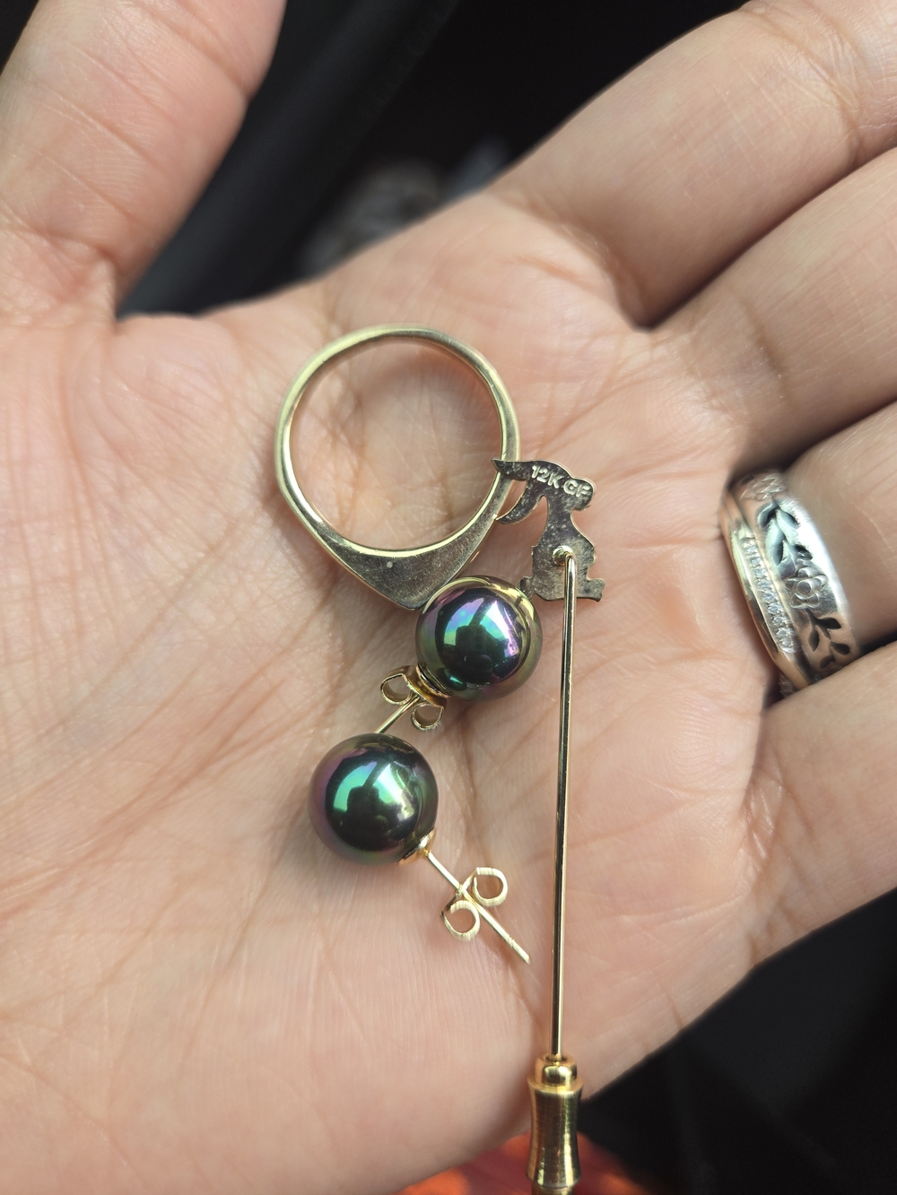 Vintage And Modern Gold-filled Ring, Stick Pin, And Earrings Bundle
